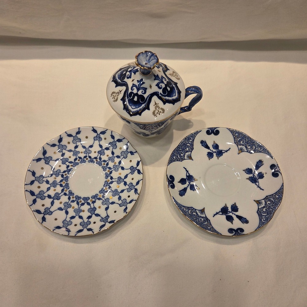 Bombay Blue and White Porcelain Tea Cup with Lid and Two Saucers Gold Trim Set